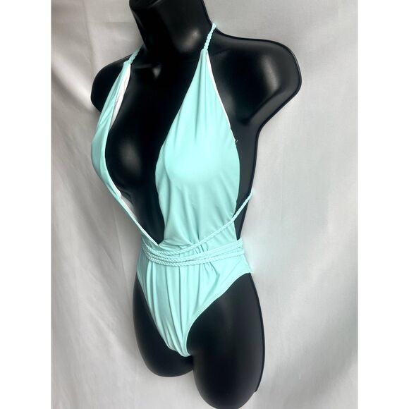 Baby Blue One Piece Swimsuit Deep Cutout Ties Open Back Barbie Barbiecore Size M - Picture 3 of 12